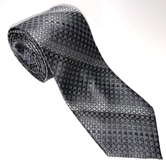 PRONTO UOMO COUTURE Frosted Silver Black Gray 100% SILK TIE Handmade Geometric - Picture 1 of 3
